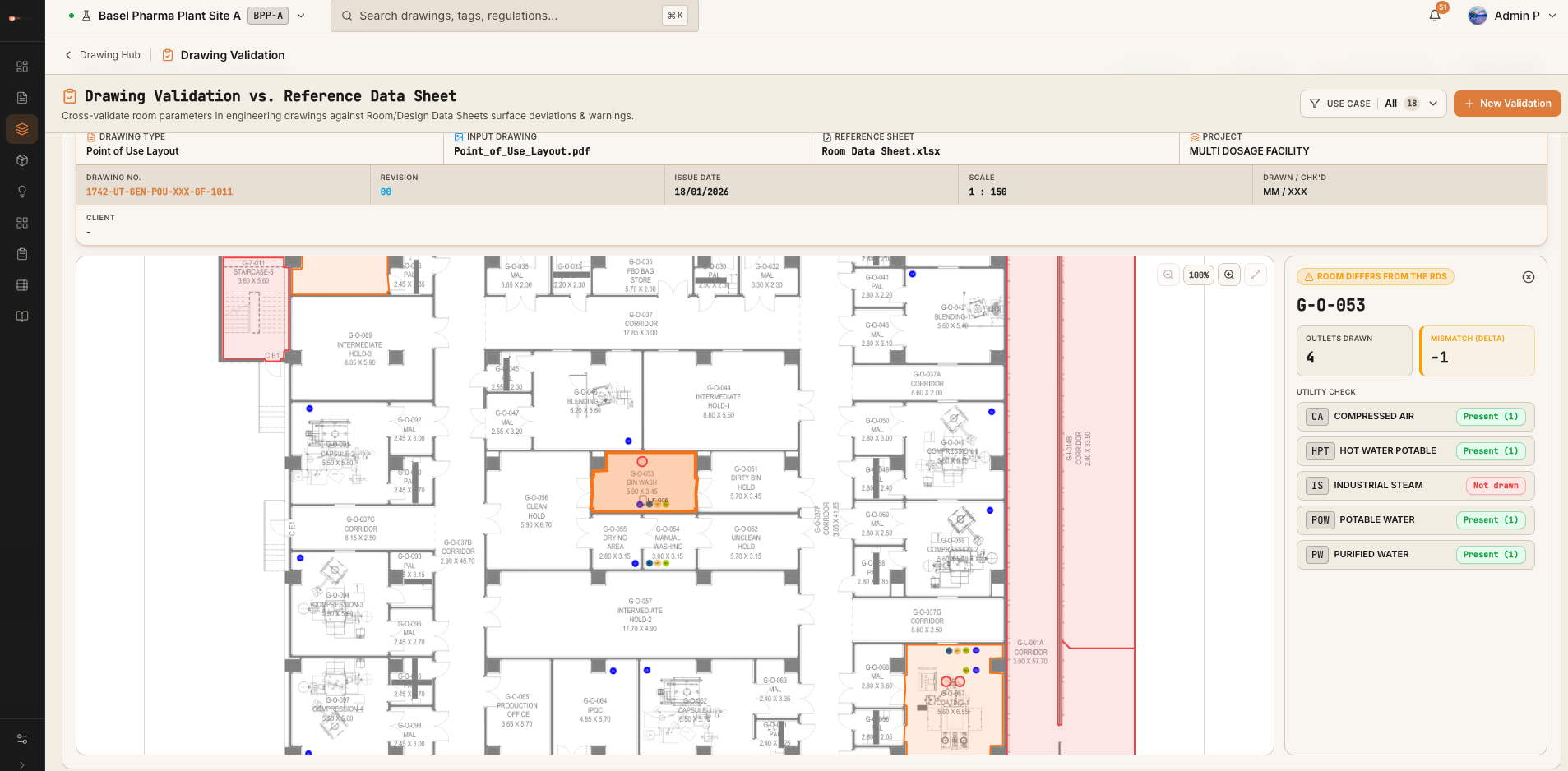 Flux Comply drawing validation highlighting room requirement differences