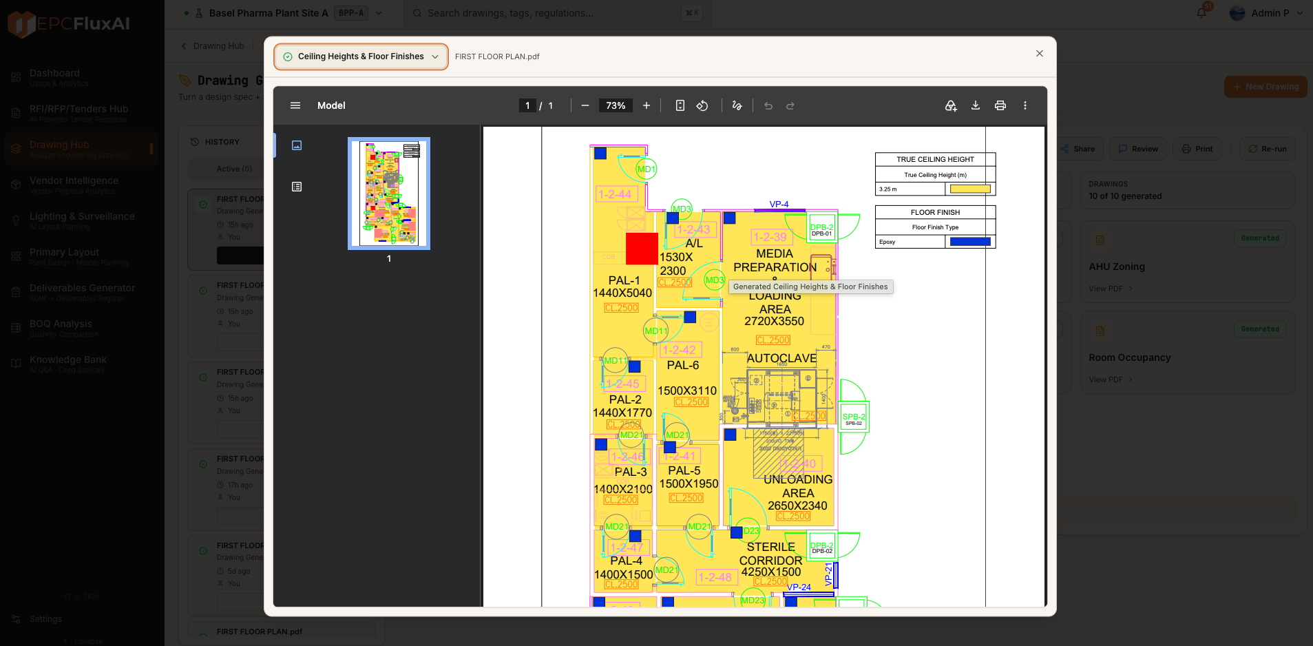 Flux Layout engineering drawing showing room finishes and ceiling heights