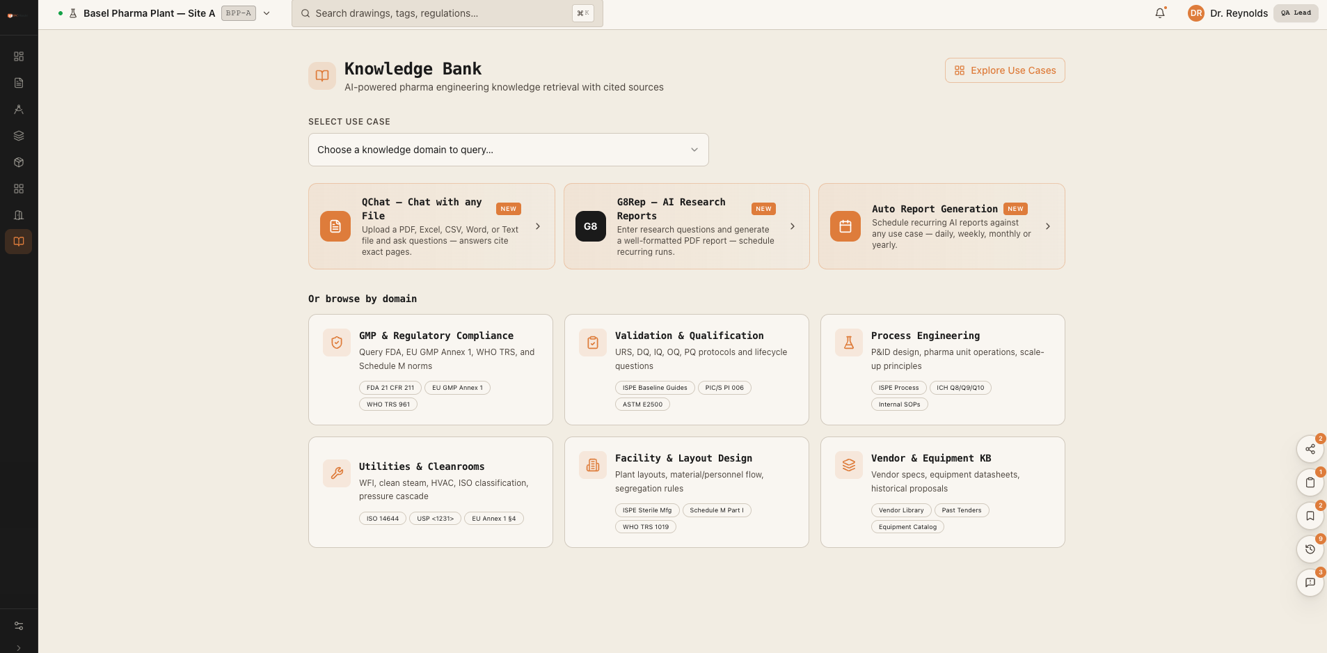 Flux Vault engineering knowledge bank with regulatory and process domains