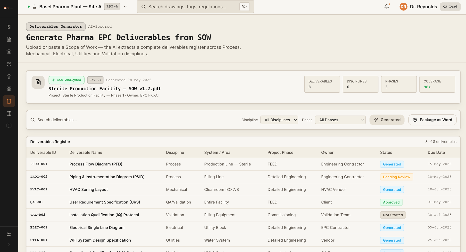 Flux AI FEED automation workspace showing governed engineering deliverables