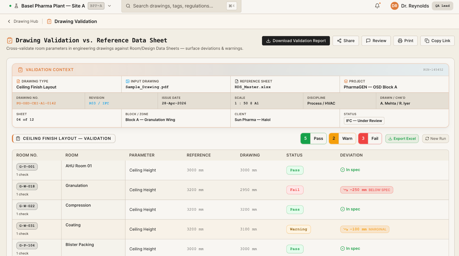Flux AI drawing compliance workspace with cited engineering validation findings